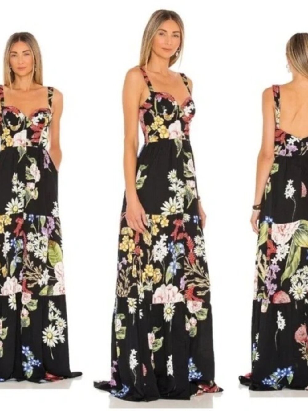 Agua bendita Floral Maxi Dress in Black with Multicolor Bloom